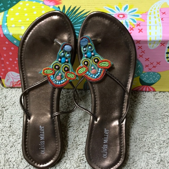 Olivia Miller Colorful Beaded Flip Flop Sandals Copper Lightweight Size 8 - Picture 5 of 8